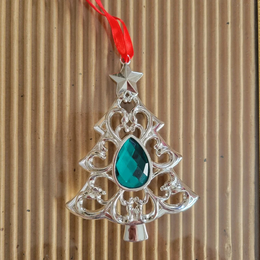 Lenox Silver-tone Christmas Tree Ornament ~ Teal Embellishment ~ GUC ~ Pretty!